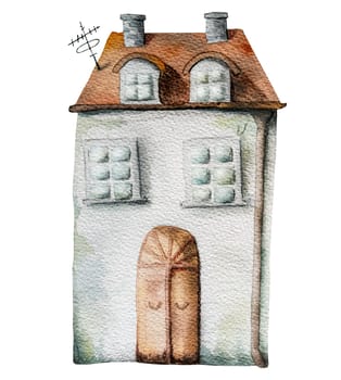 Watercoor house building with cute illustration. Home exterior design for postcards