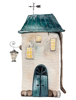 Watercoor house building with cute illustration. Home exterior design for postcards