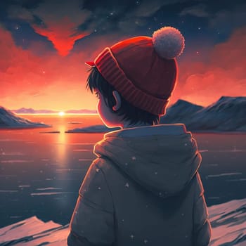 Stylish Male Musician in Red Winter Beanie Enjoying Sunset Scenery - Inspirational illustration