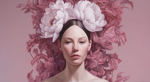 face woman lady glamour summer design flower beautiful art young drawing modern illustration leaf fashion peony blossom trendy rose girl beauty. Generative AI.