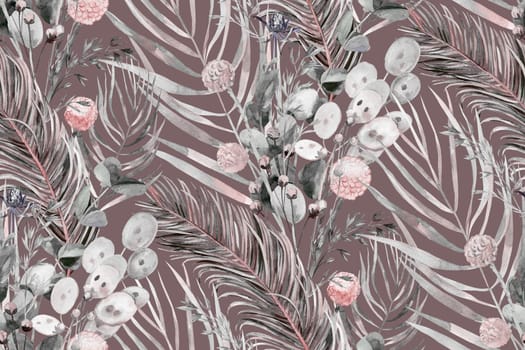 Seamless pattern with herbs and palm leaves and tropical leaves in boho style for textile and surface design