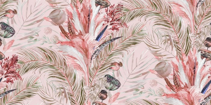 Seamless pattern with dry tropical palm leaves and pampas grass painted in watercolor for textile and surface design in boho style