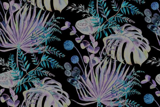 Seamless pattern with tropical silhouettes of herbs and leaves for textile