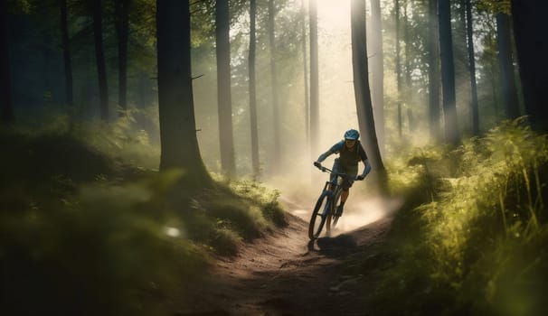 woman landscape forest night tree helmet walking nature leisure recreation cycling sunset dark sport lifestyle wood summer bicycle exercise mountain bike. Generative AI.