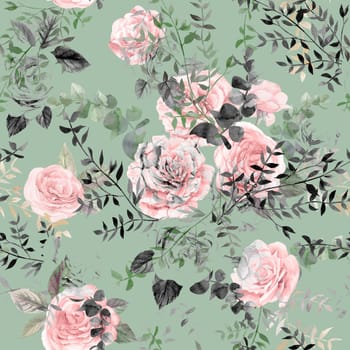 Watercolor vintage seamless pattern with pink roses and leaves for summer textiles of women is dresses and clothes in natural shades