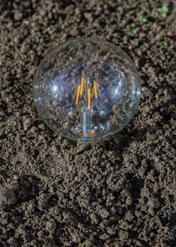Light bulb put on the Soil and Sunlight in Nature background. Concept of Energy saving and Environmental friendly, Space for text, Selective focus.