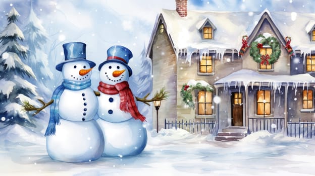 Christmas illustration. New Year vintage watercolour card with snowman on the snowy outdoors. 