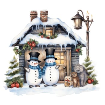 Christmas illustration. New Year vintage watercolour card with snowman on the snowy outdoors. 