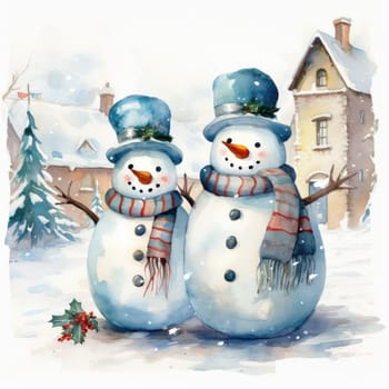 Christmas illustration. New Year vintage watercolour card with snowman on the snowy outdoors. 