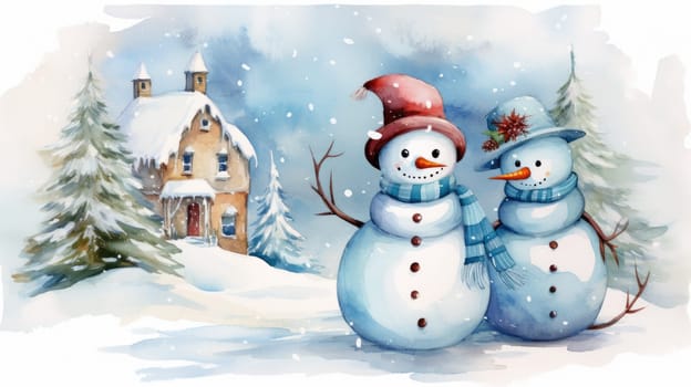 Christmas illustration. New Year vintage watercolour card with snowman on the snowy outdoors. 