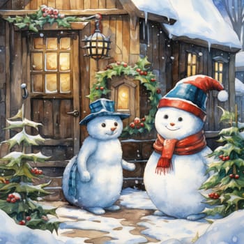 Christmas illustration. New Year vintage watercolour card with snowman on the snowy outdoors. 