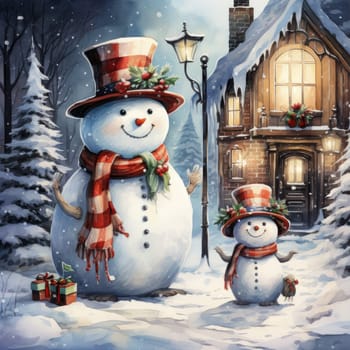 Christmas illustration. New Year vintage watercolour card with snowman on the snowy outdoors. 
