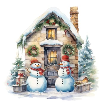 Christmas illustration. New Year vintage watercolour card with snowman on the snowy outdoors. 