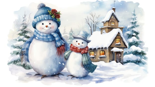 Christmas illustration. New Year vintage watercolour card with snowman on the snowy outdoors. 