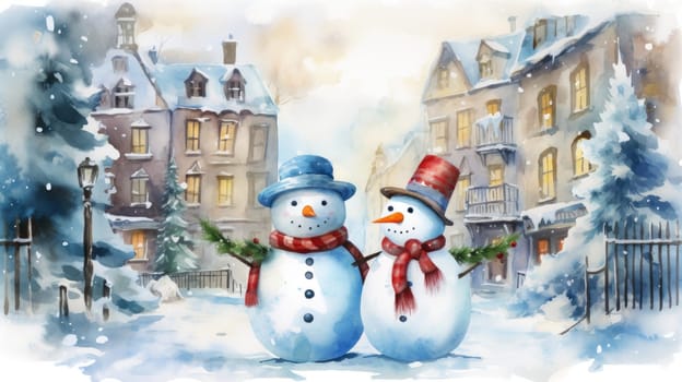 Christmas illustration. New Year vintage watercolour card with snowman on the snowy outdoors. 