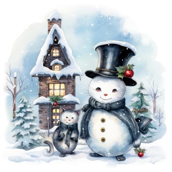 Christmas illustration. New Year vintage watercolour card with snowman on the snowy outdoors. 