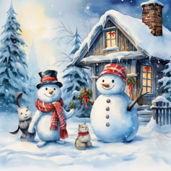 Christmas illustration. New Year vintage watercolour card with snowman on the snowy outdoors. 