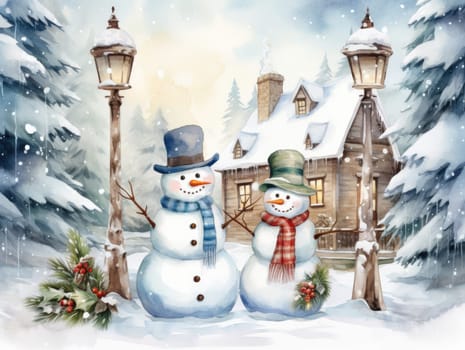 Christmas illustration. New Year vintage watercolour card with snowman on the snowy outdoors. 