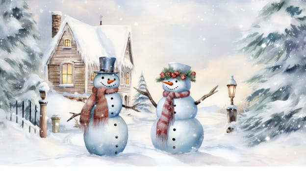 Christmas illustration. New Year vintage watercolour card with snowman on the snowy outdoors. 