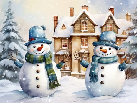 Christmas illustration. New Year vintage watercolour card with snowman on the snowy outdoors. 