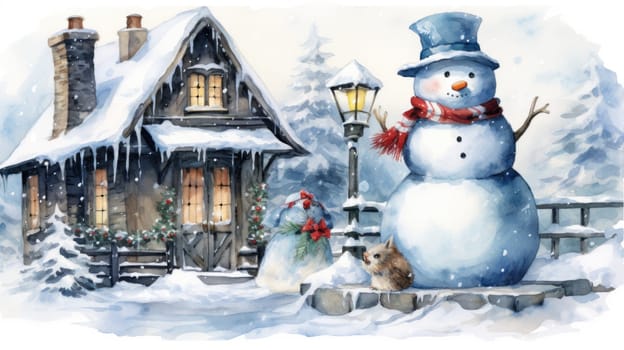 Christmas illustration. New Year vintage watercolour card with snowman on the snowy outdoors. 