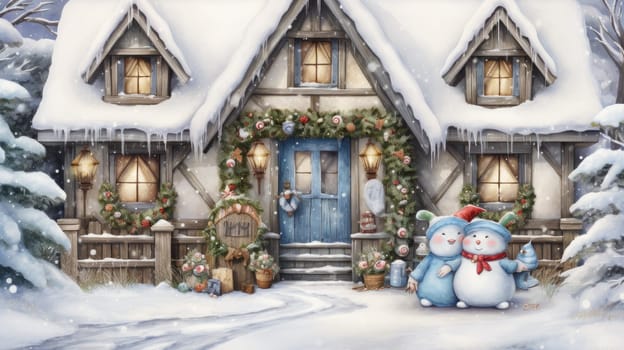 Christmas illustration. New Year vintage watercolour card with snowman on the snowy outdoors. 