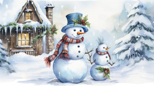 Christmas illustration. New Year vintage watercolour card with snowman on the snowy outdoors. 