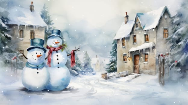 Christmas illustration. New Year vintage watercolour card with snowman on the snowy outdoors. 