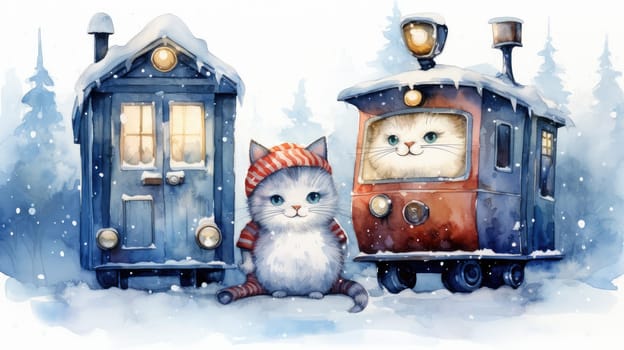 New Year card in vintage retro style with a cat as a snowman, gifts and festive spirit