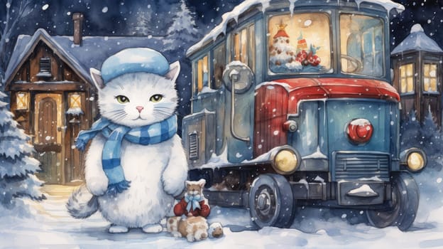 New Year card in vintage retro style with a cat as a snowman, gifts and festive spirit