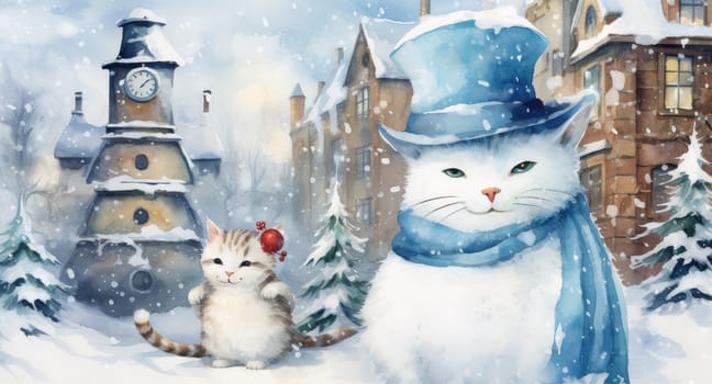 New Year card in vintage retro style with a cat as a snowman, gifts and festive spirit