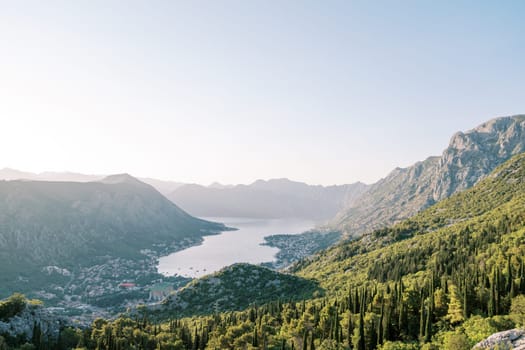 View from a rocky mountain to the valley of the Bay of Kotor. Montenegro. High quality photo
