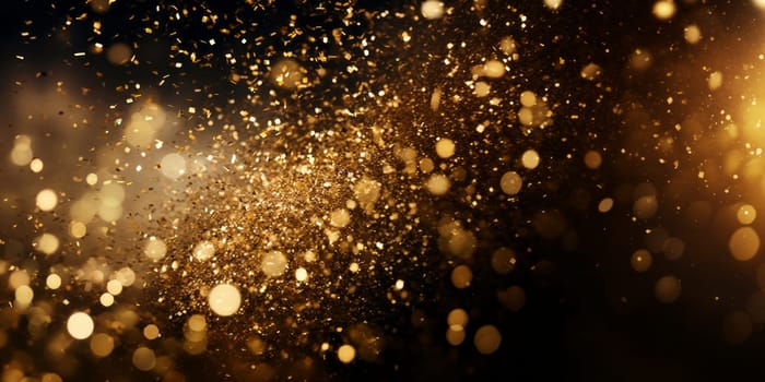 Golden flying glitter particles on black background in 5k