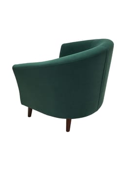 modern green fabric armchair with wooden legs isolated on white background, back view.