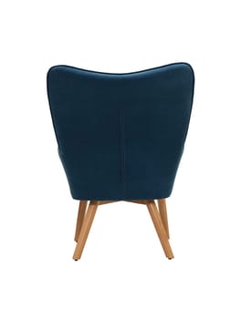 blue fabric armchair with wooden legs isolated on white background, back view.