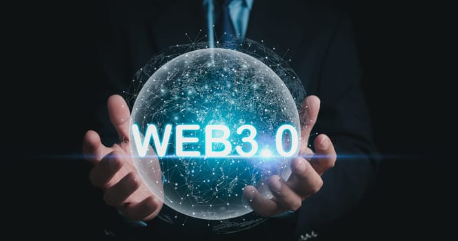 Web 3.0 concept with businessman in suit on gradient background. Technology and web concept 3.0. Technology global network. website internet development.