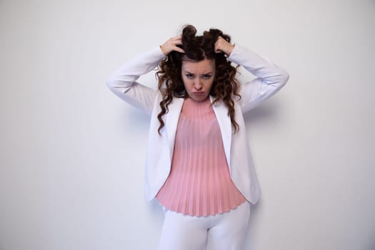 brunette woman shaggy hair on white background