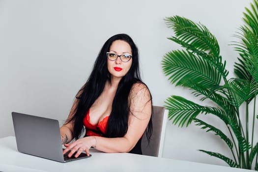 Fat woman sitting at computer in office