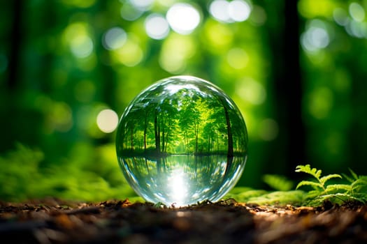 Glass ball on a green sunny background Save the environment ecology concept.