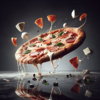 flying splashing mozzarella bufala italian pizza with tomato sauce and basil food photography generative ai art