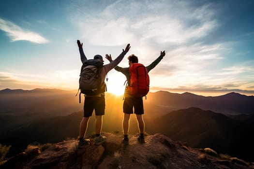 Two men with backpacks on top of a mountain on sunset Hiking companions.