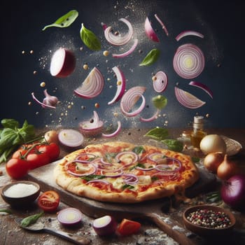 flying splashing mozzarella bufala italian pizza with tomato sauce and basil food photography generative ai art