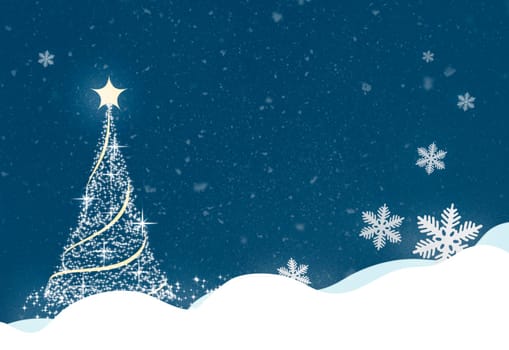 .Blue Christmas background with snowflakes and Christmas tree.