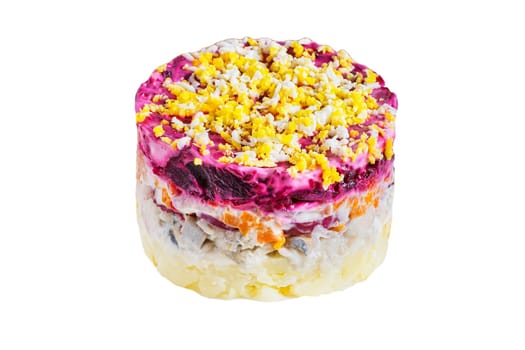 Layered salad with herring, beets, carrots, onions, potatoes and eggs isolated on white.