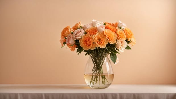 blank wall template with vase and flowers on a light white, orange pastel background,