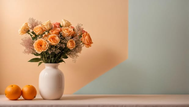 blank wall template with vase and flowers on a light white, orange pastel background,
