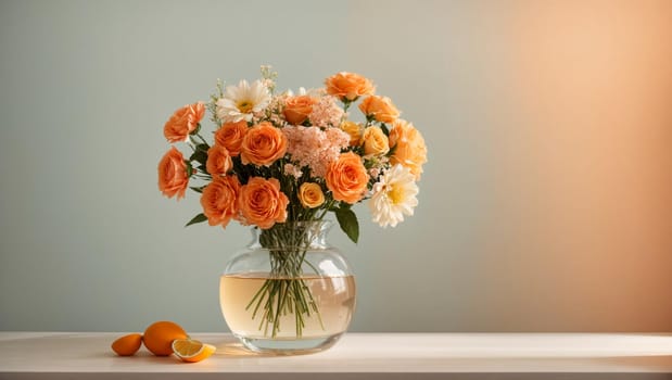 blank wall template with vase and flowers on a light white, orange pastel background,