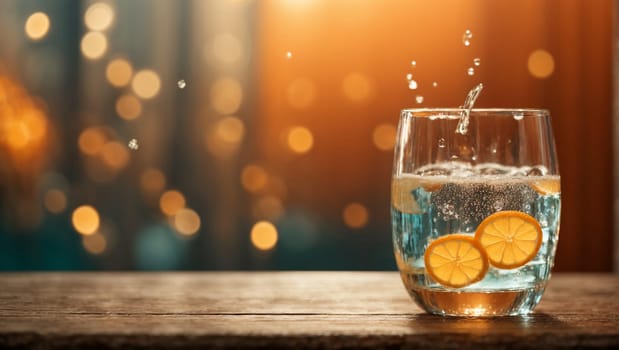 A beautiful transparent glass filled with a stream of fresh mineral water with ice, exploding with playful bubbles, sparkling on a wooden table.