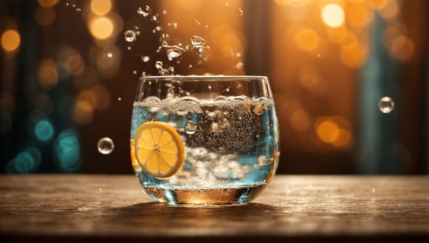 A beautiful transparent glass filled with a stream of fresh mineral water with ice, exploding with playful bubbles, sparkling on a wooden table.