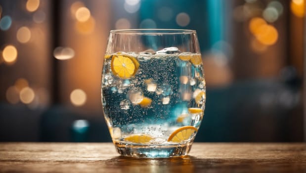 A beautiful transparent glass filled with a stream of fresh mineral water with ice, exploding with playful bubbles, sparkling on a wooden table.